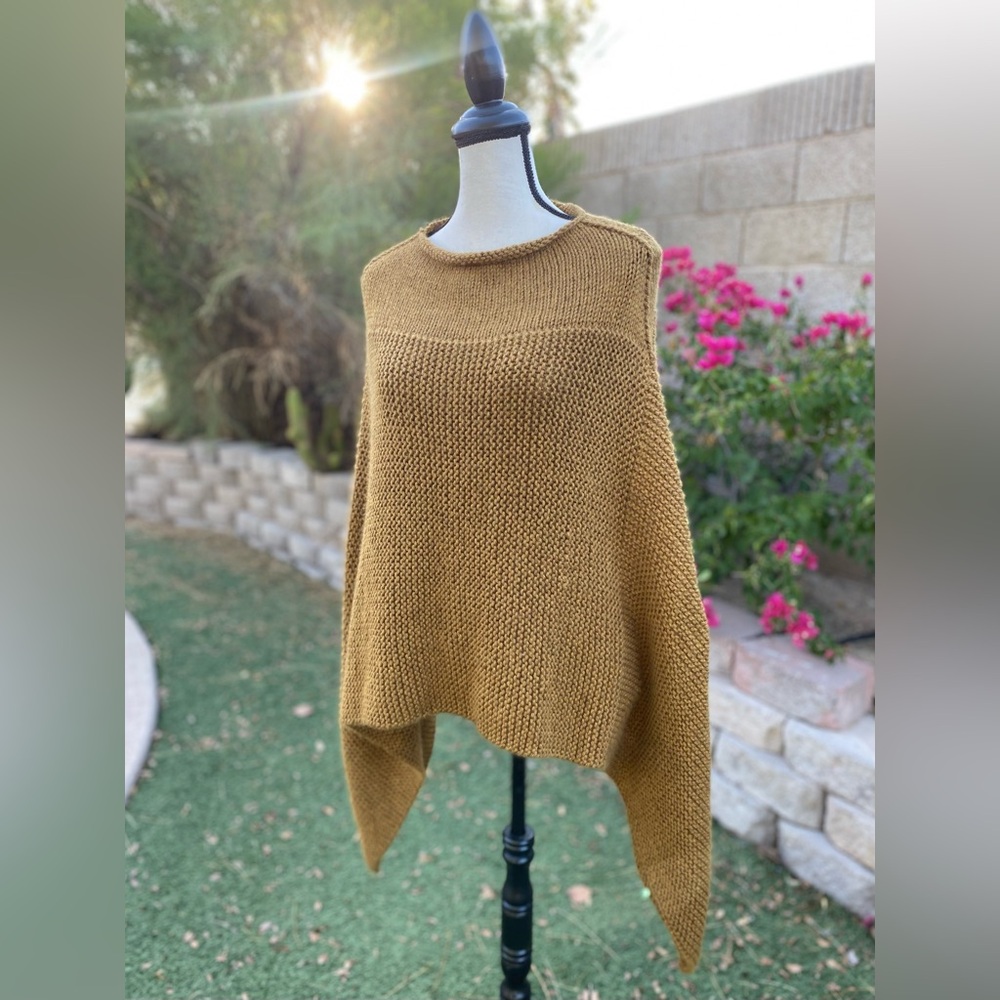 Hand knit soft wool mustard asymmetrical fall poncho sweater
